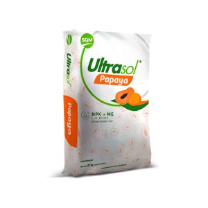 Seferno fertilizante orgánico NPK Ultrasol® Papaya diseñado para papaya en riego por goteo, microjet y aspersión. Estimula el crecimiento inicial y el equilibrio entre crecimiento y fructificación. Combinable con Ultrasol® NKS 46 para maduración final de papaya. Libre de Cloruro y Sodio.